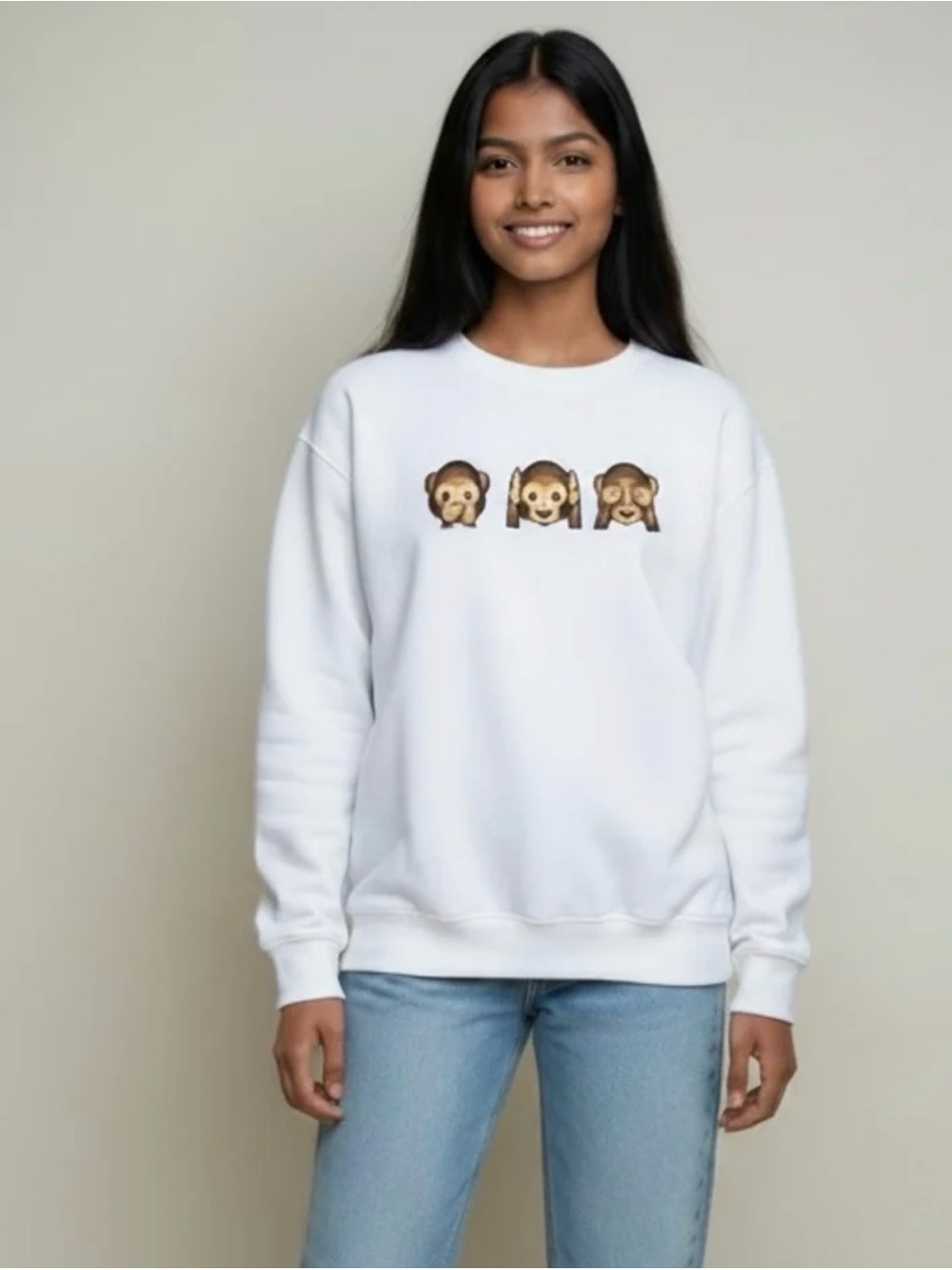 Fashion Classic 3 Wise Monkeys Emoji Crewneck Sweatshirt White Juniors XL